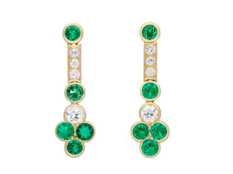 Colombian emerald and diamond drop earrings, circa 1980. Hatton Garden