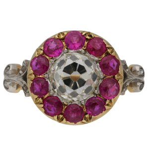 Burmese ruby coronet cluster ring by Maurice Beck, circa 1910.
