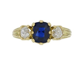 Royal Blue Burmese sapphire diamond three stone ring 