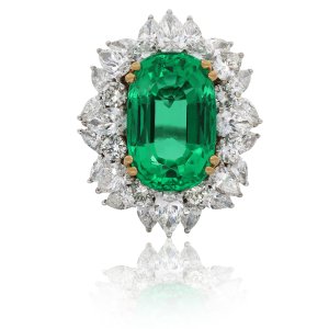 Colombian emerald and diamond cluster ring, circa 1970.