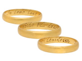 Post Medieval gold posy ring 'in love love abide till death divide' circa 17 18th century. Hatton Garden