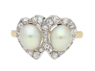 Natural pearl and diamond double heart ring, French, circa 1905. Hatton Garden