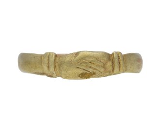 front view Medieval clasp hands betrothal ring berganza hatton garden