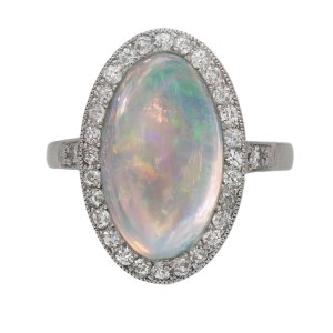 Crystal opal and diamond cluster ring, English, circa 1920.