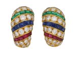 Cartier vintage ruby, sapphire, emerald and diamond earrings, English, 1978.