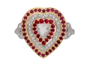 front view Antique diamond and ruby heart shape cluster ring, circa 1900.
