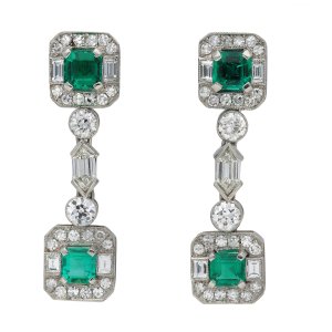 Art Deco Colombian emerald and diamond drop earrings, circa 1925.
