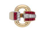 Tiffany & Co. diamond and ruby cocktail buckle ring, American, circa 1945.
