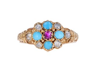 Victorian turquoise, ruby and diamond cluster ring. hatton garden