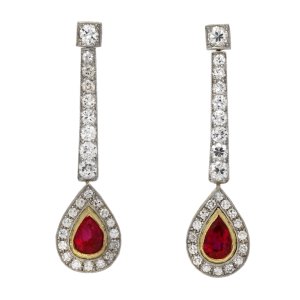 Edwardian Burmese ruby and diamond drop earrings, circa 1910.