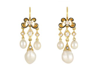 Victorian natural pearl and diamond drop earrings, circa 1870. Hatton Garden