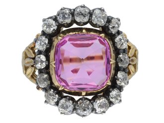 Victorian pink topaz and diamond cluster ring, English, circa 1840.