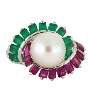 Mauboussin pearl, ruby and emerald cluster ring, French, circa 1970.