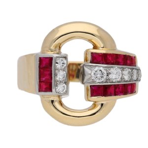 Tiffany & Co. diamond and ruby cocktail buckle ring, American, circa 1945.