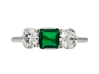 colombian emerald and diamond three stone ring. hatton garden.