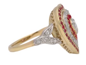 side view Antique diamond and ruby heart shape cluster ring, circa 1900.