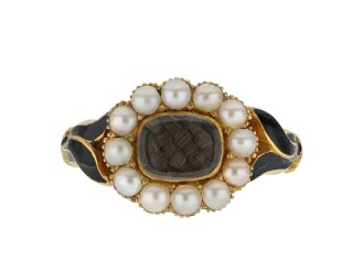 Pearl and black enamel memorial ring, English hatton garden