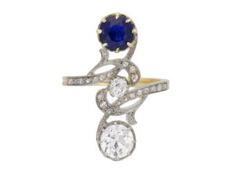 Art Nouveau sapphire diamond crossover ring berganza hatton garden