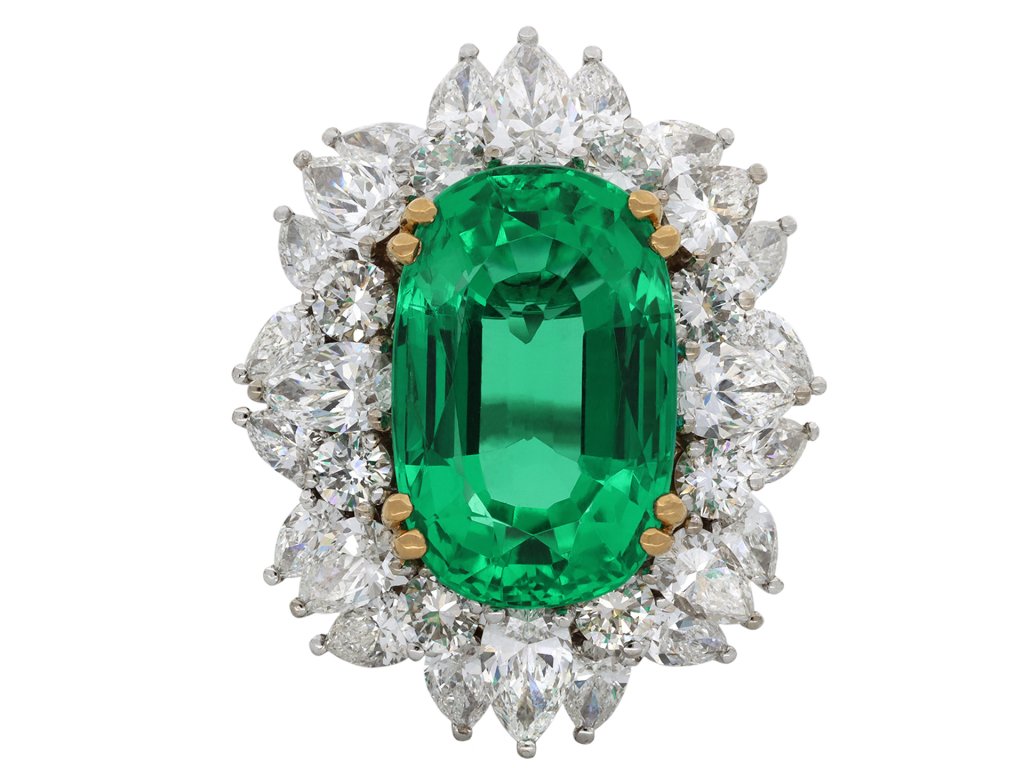 Colombian emerald and diamond cluster ring hatton garden