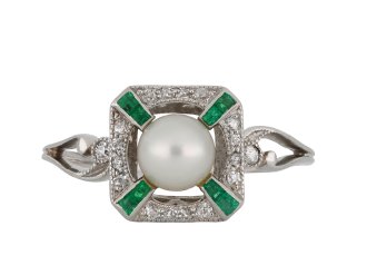 Natural pearl, emerald and diamond ring, circa 1915 hatton garden