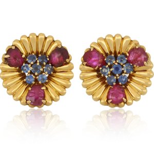 Mellerio sapphire and ruby clip earrings, French, circa 1940.